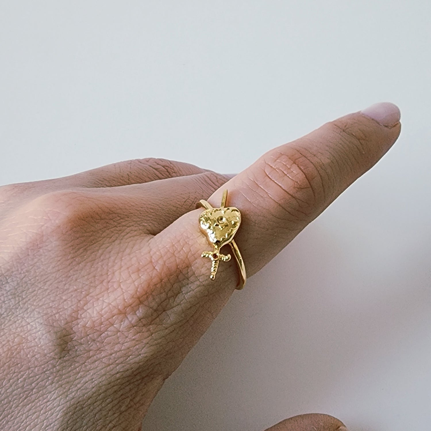 18K Gold Heart Sword Ring for Women, Minimalist Dainty Floral Band Stacking