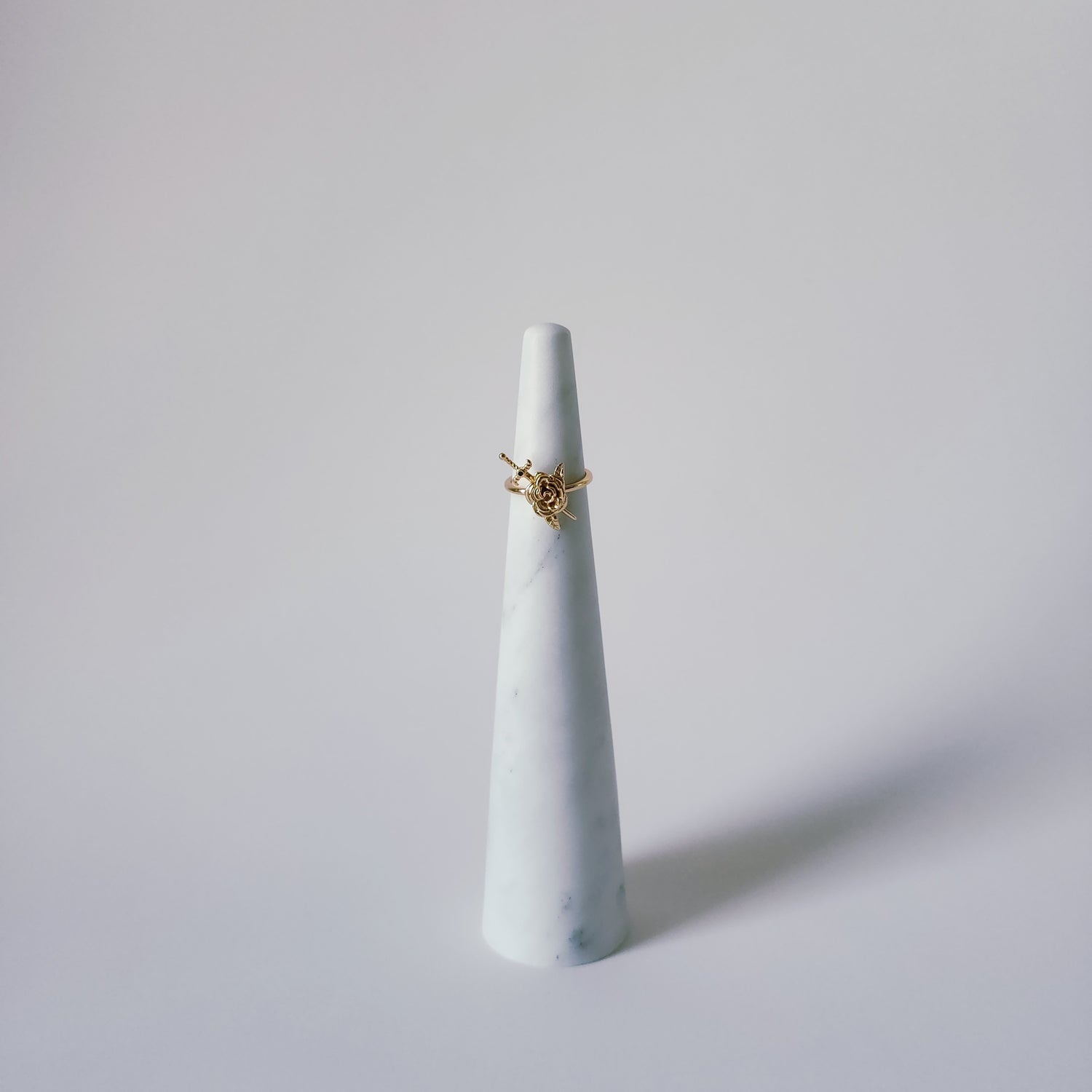 18K Gold Rose Sword Ring for Women, Adjustable Dainty Floral Blade Band Stacking