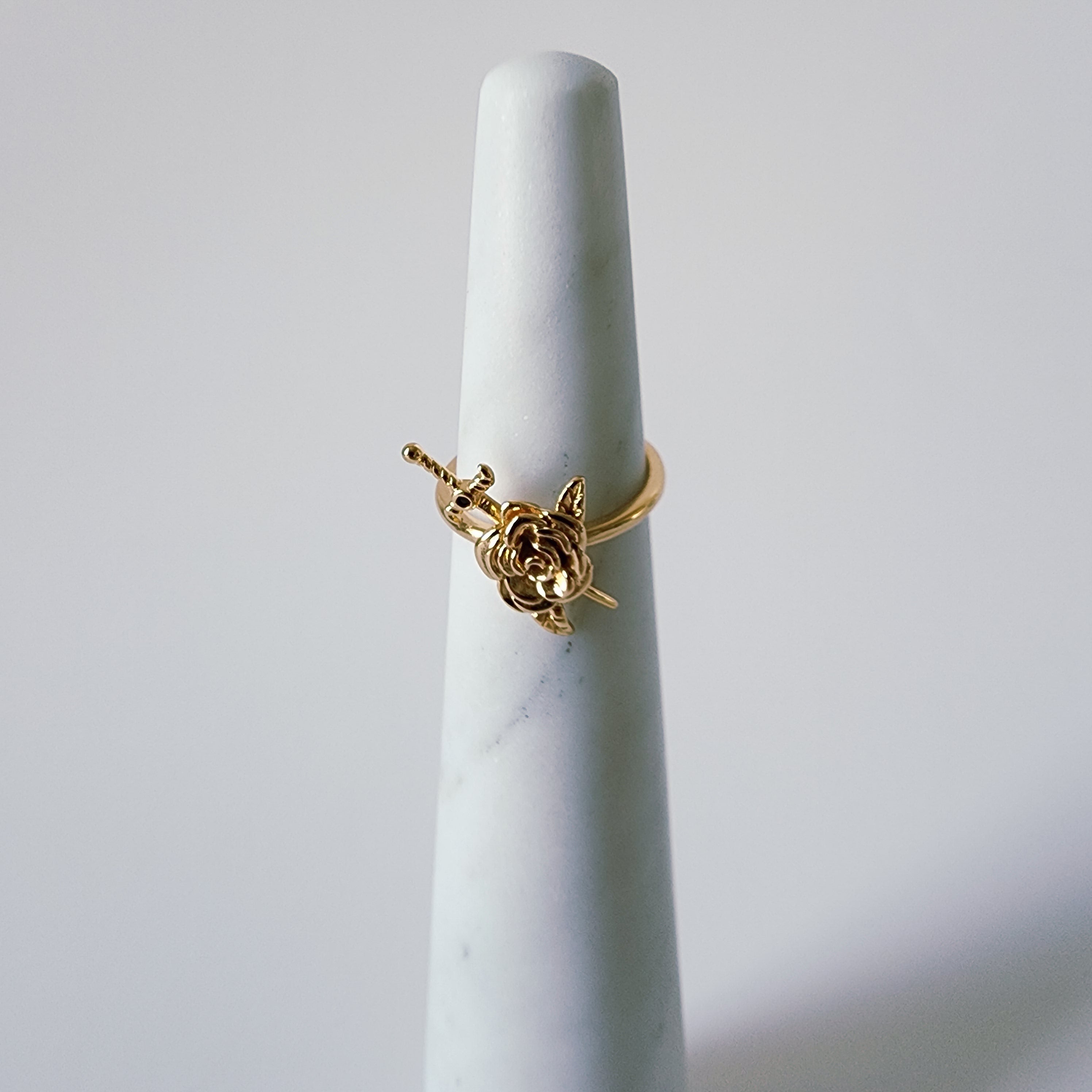 18K Gold Rose Sword Ring for Women, Adjustable Dainty Floral Blade Band Stacking