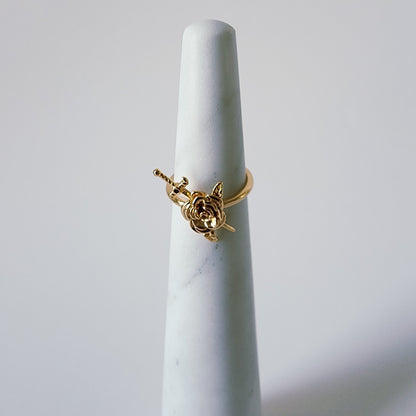18K Gold Rose Sword Ring for Women, Adjustable Dainty Floral Blade Band Stacking