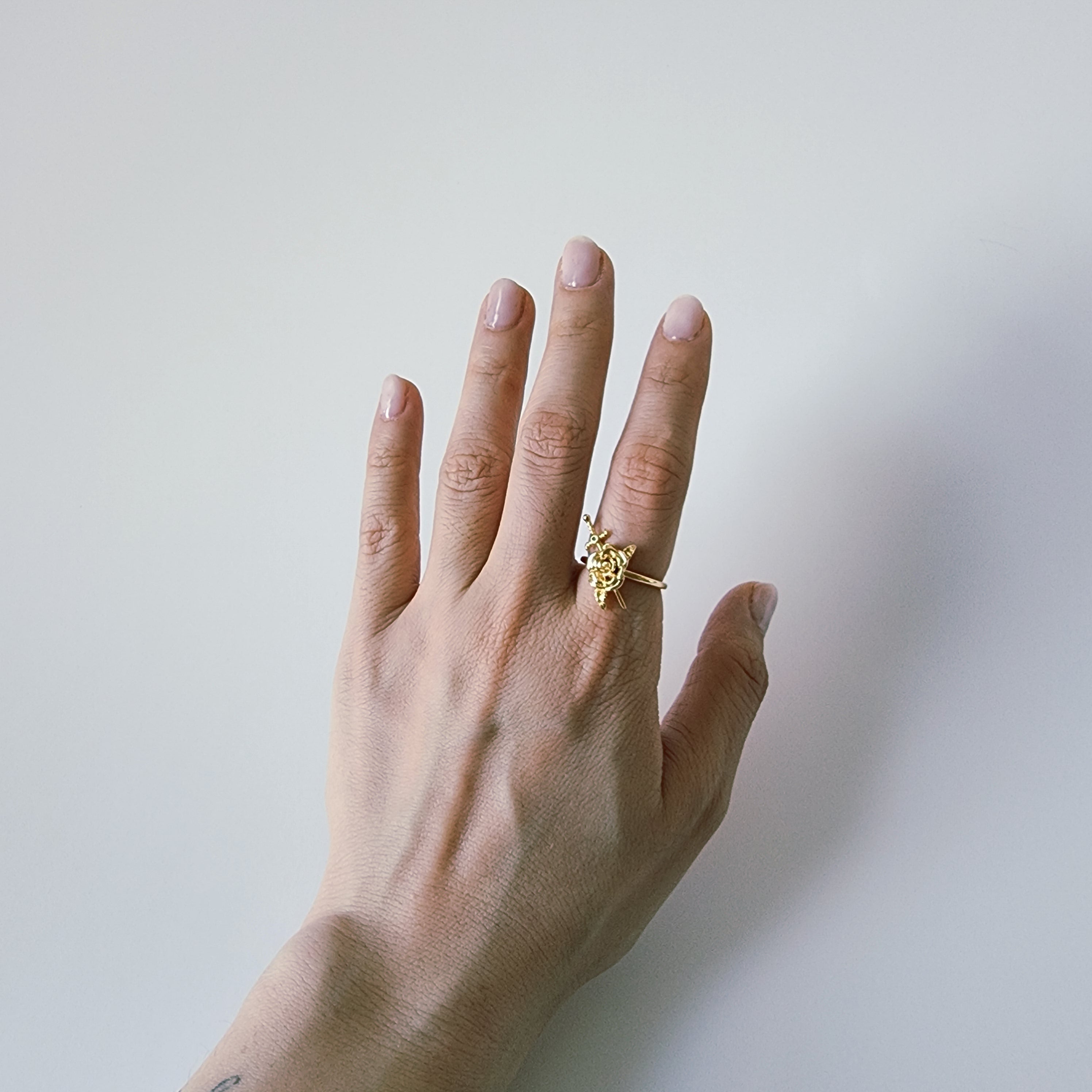 18K Gold Rose Sword Ring for Women, Adjustable Dainty Floral Blade Band Stacking