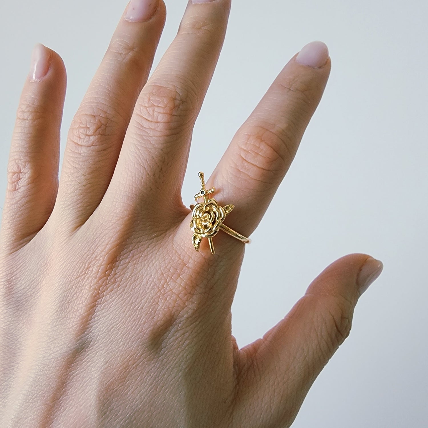 18K Gold Rose Sword Ring for Women, Adjustable Dainty Floral Blade Band Stacking