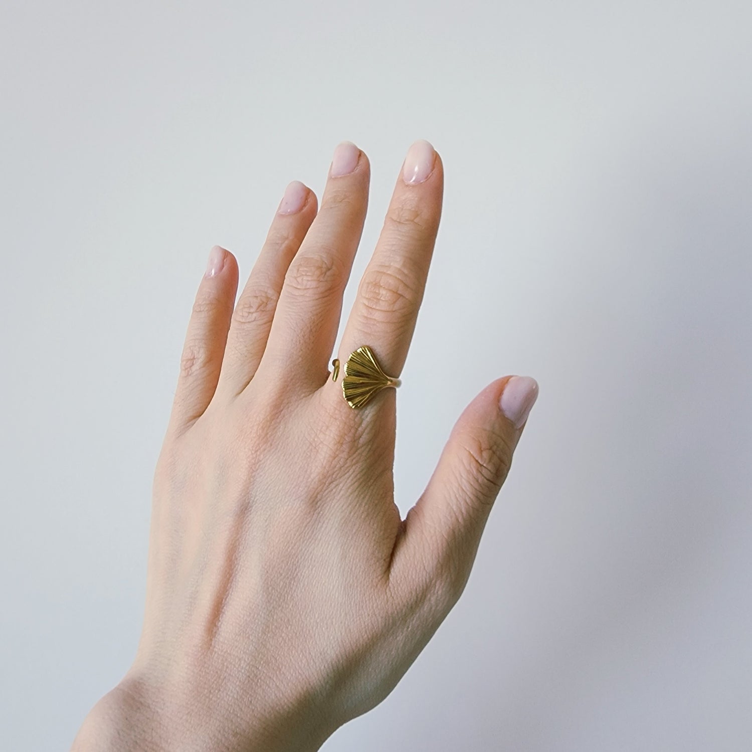 18K Gold Dainty Ginkgo Ring for Women, Adjustable Minimalist Leaf Nature Band