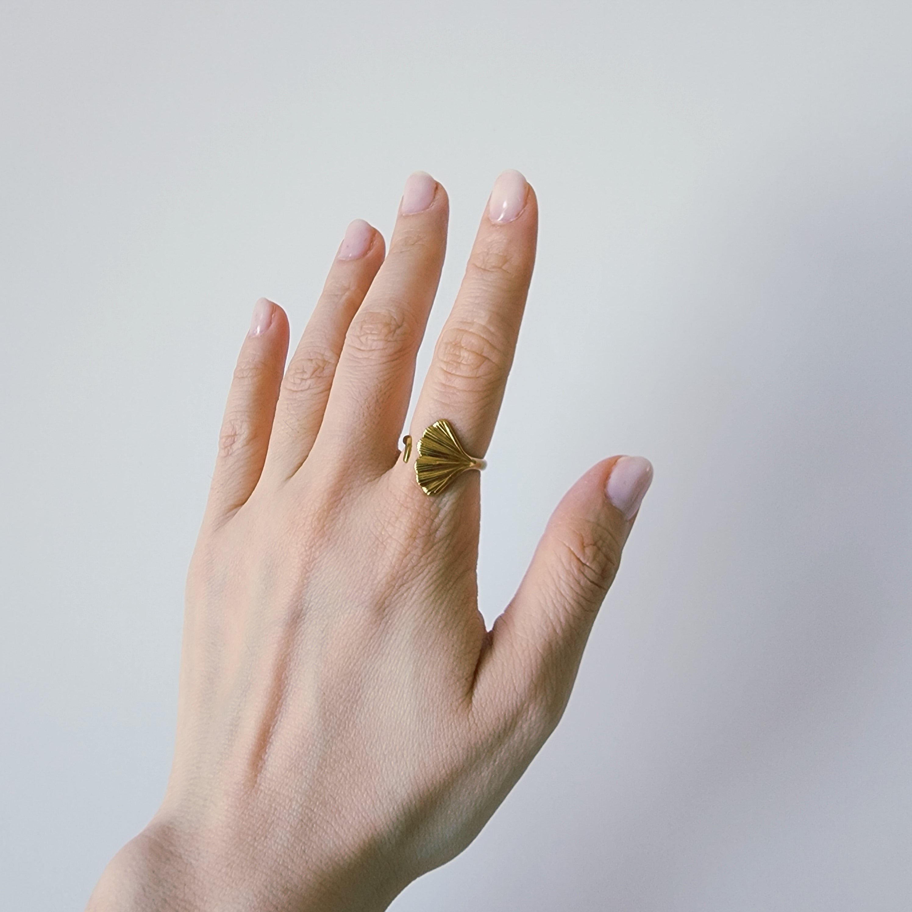 18K Gold Dainty Ginkgo Ring for Women, Adjustable Minimalist Leaf Nature Band