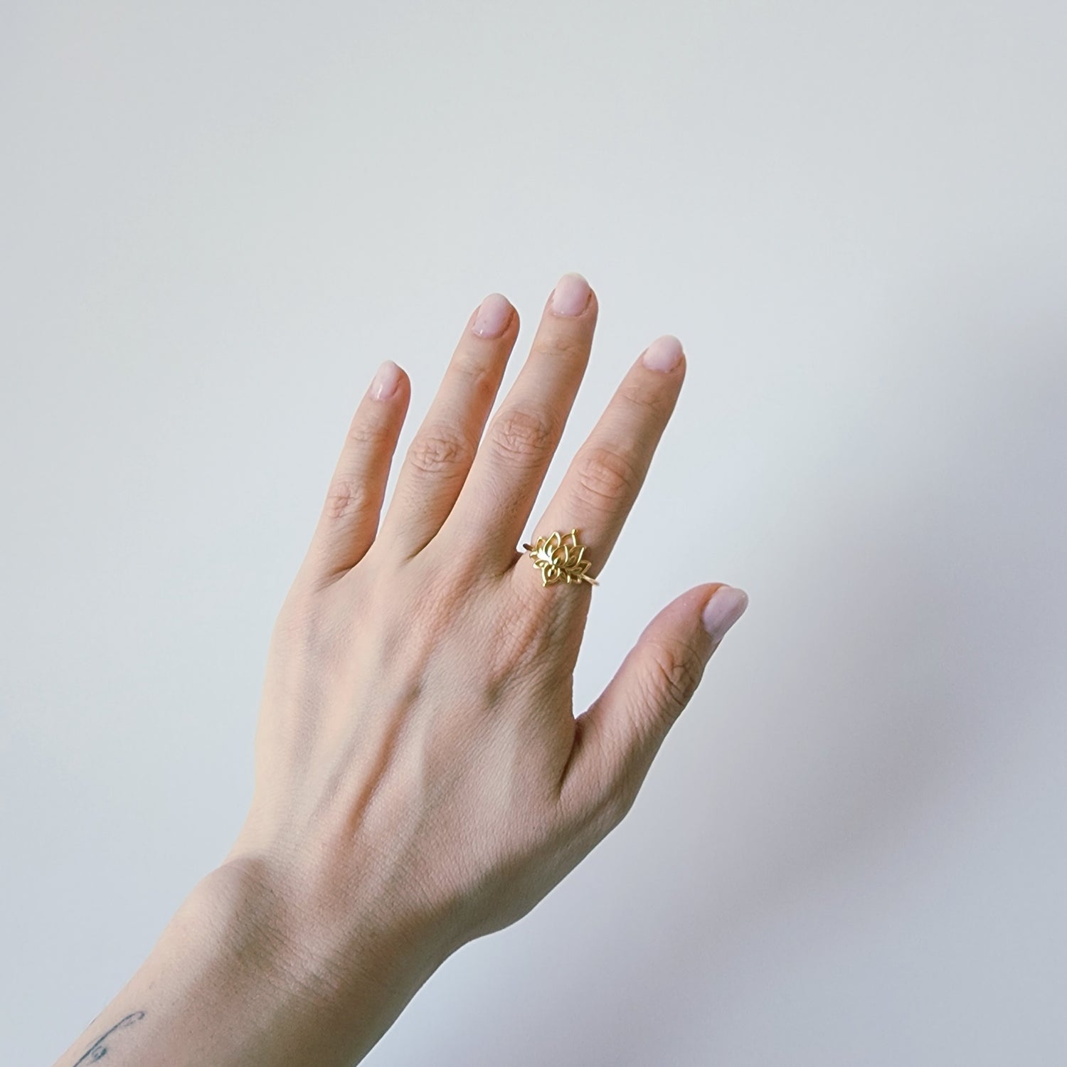 18K Gold Dainty Lotus Ring, Adjustable Minimalist Flower Band Spiritual Zen