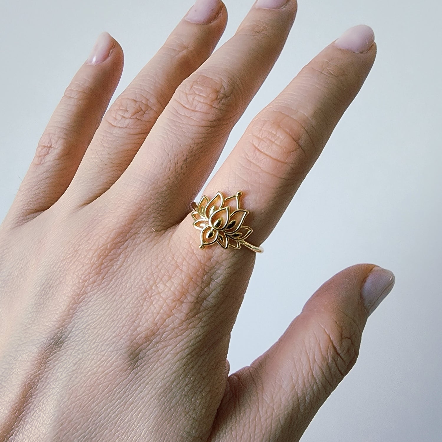 18K Gold Dainty Lotus Ring, Adjustable Minimalist Flower Band Spiritual Zen