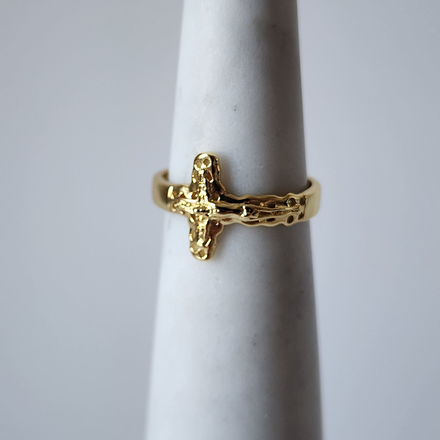 18K Gold Catholic Jesus Cross Ring, Adjustable Religious Christian Band Faith