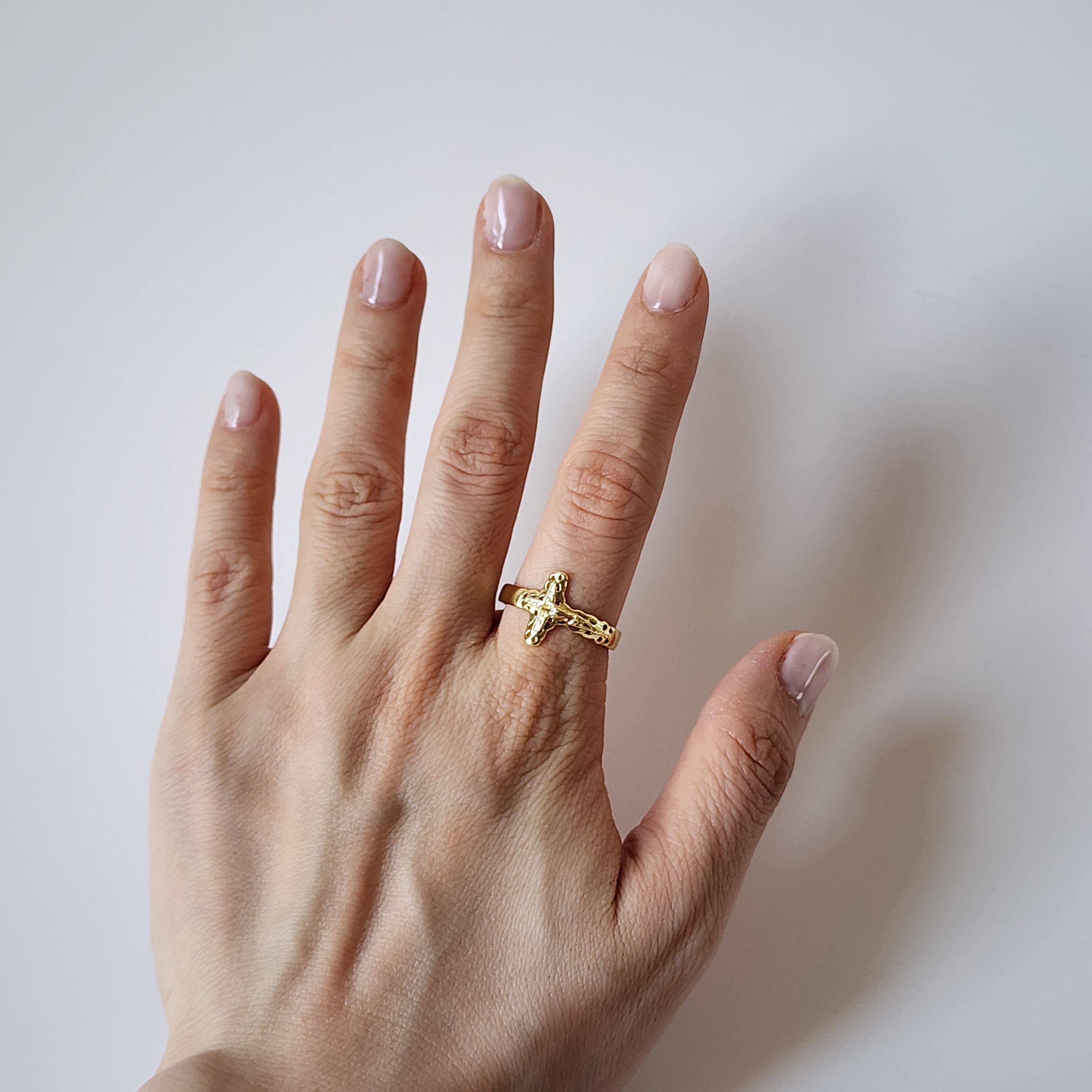 18K Gold Catholic Jesus Cross Ring, Adjustable Religious Christian Band Faith