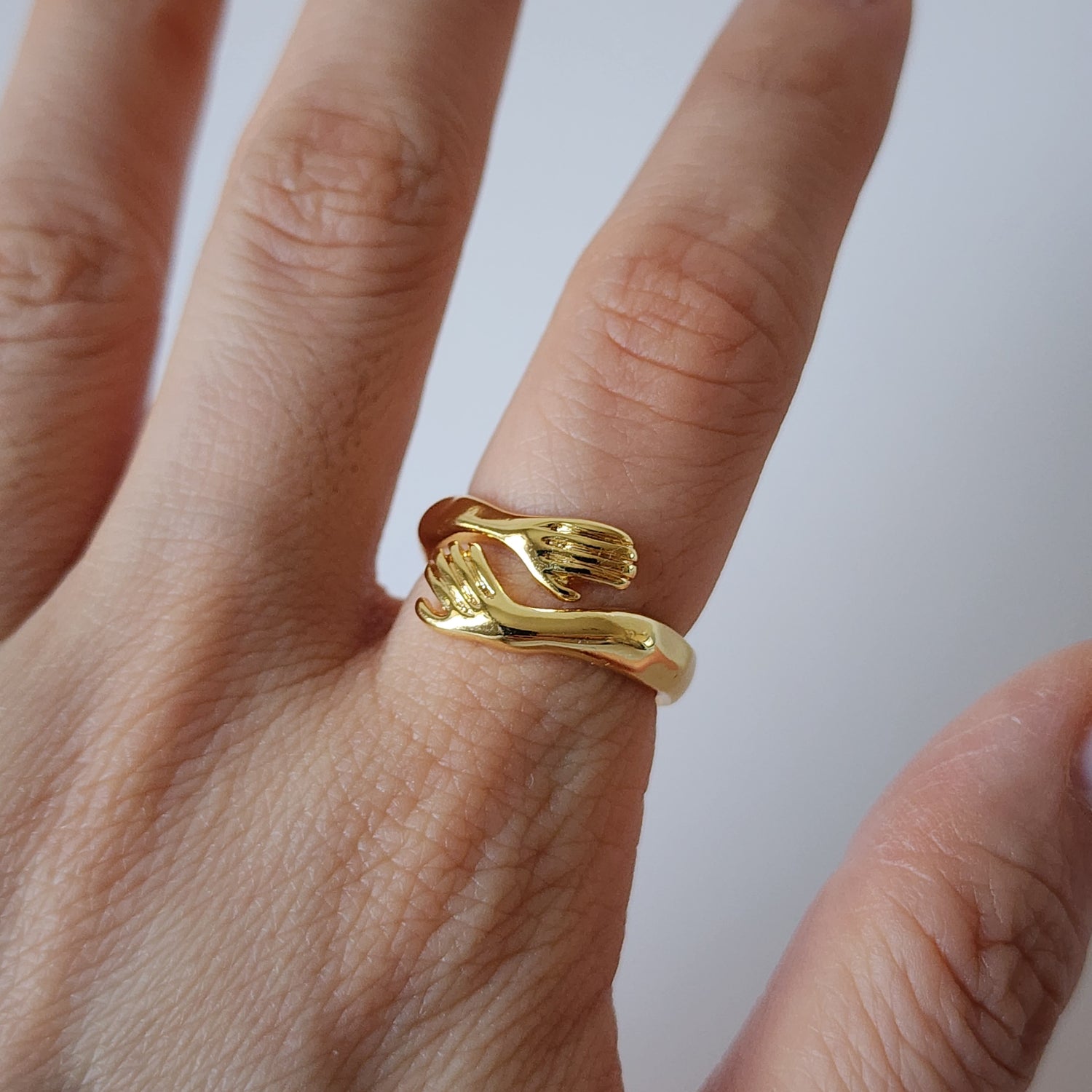 18K Gold Dainty Hug Ring for Women, Adjustable Minimalist Finger Embrace Band