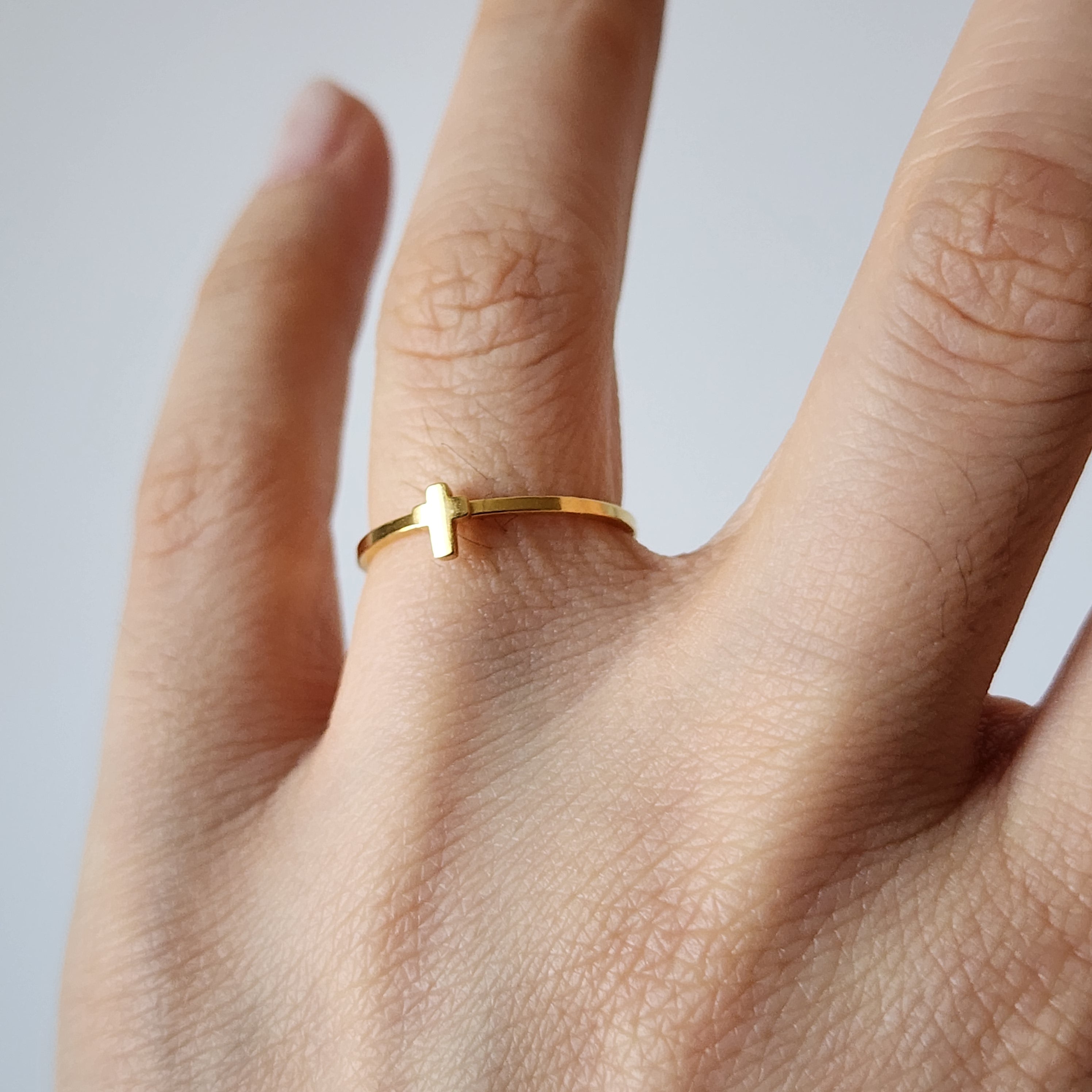 18K Gold Dainty Tiny Cross Ring for Women, Adjustable Minimalist Jesus Cross