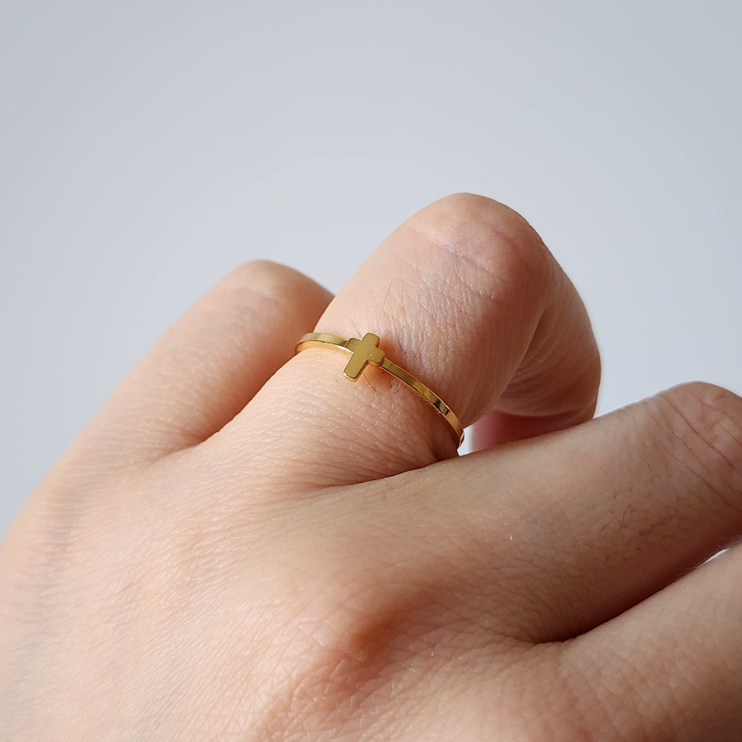 18K Gold Dainty Tiny Cross Ring for Women, Adjustable Minimalist Jesus Cross