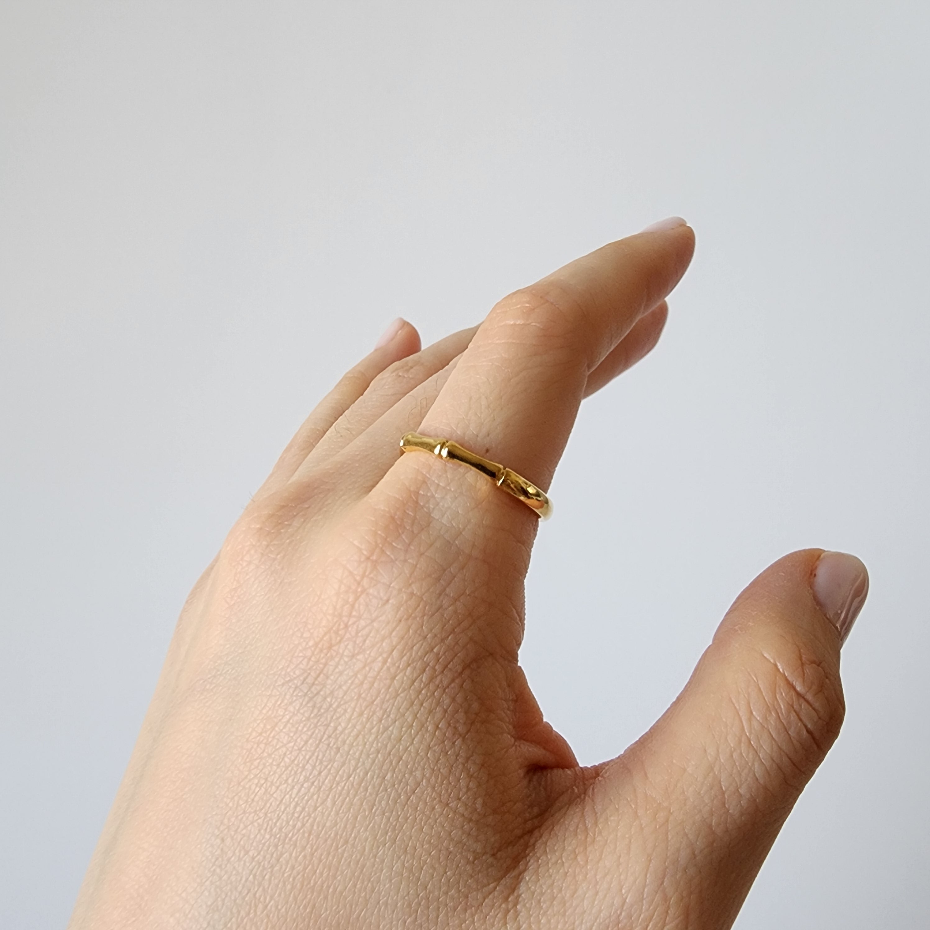 18K Gold Dainty Bamboo Ring for Women, Adjustable Minimalist Knotted Stackable