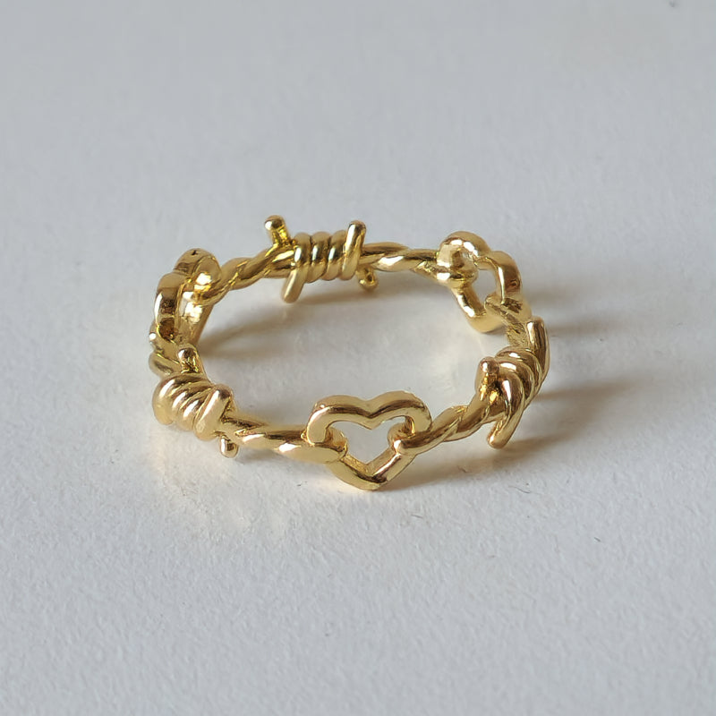 18K Gold Dainty Heart Thorns Ring for Women, Gothic Minimalist Rose Stacking