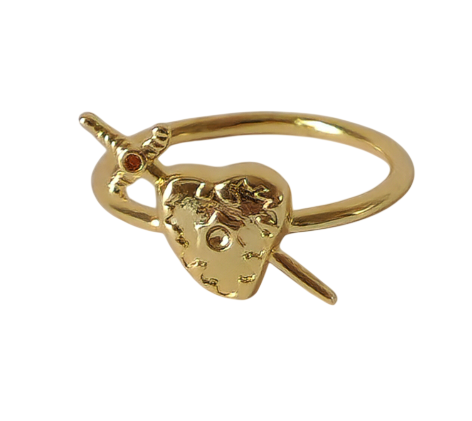 18K Gold Heart Sword Ring for Women, Minimalist Dainty Floral Band Stacking