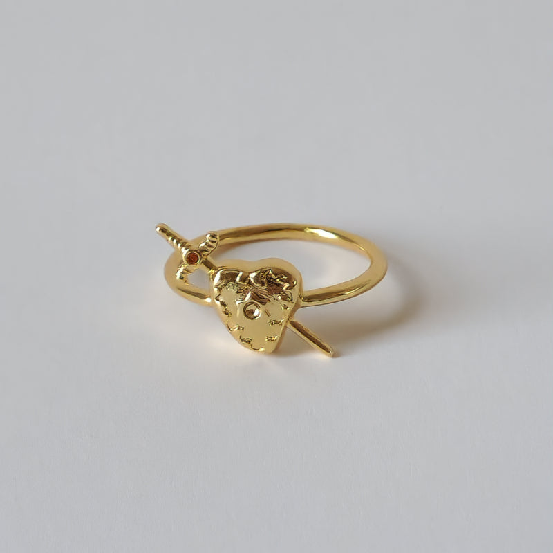 18K Gold Heart Sword Ring for Women, Minimalist Dainty Floral Band Stacking