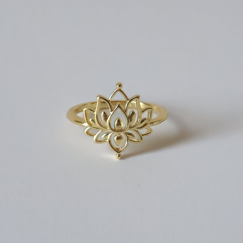 18K Gold Dainty Lotus Ring, Adjustable Minimalist Flower Band Spiritual Zen