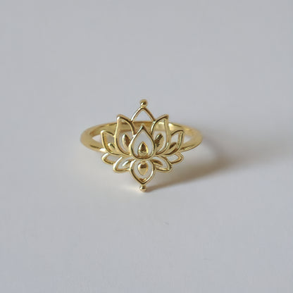 18K Gold Dainty Lotus Ring, Adjustable Minimalist Flower Band Spiritual Zen