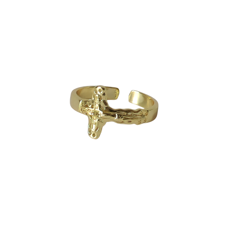 18K Gold Catholic Jesus Cross Ring, Adjustable Religious Christian Band Faith