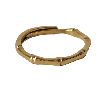 18K Gold Dainty Bamboo Ring for Women, Adjustable Minimalist Knotted Stackable