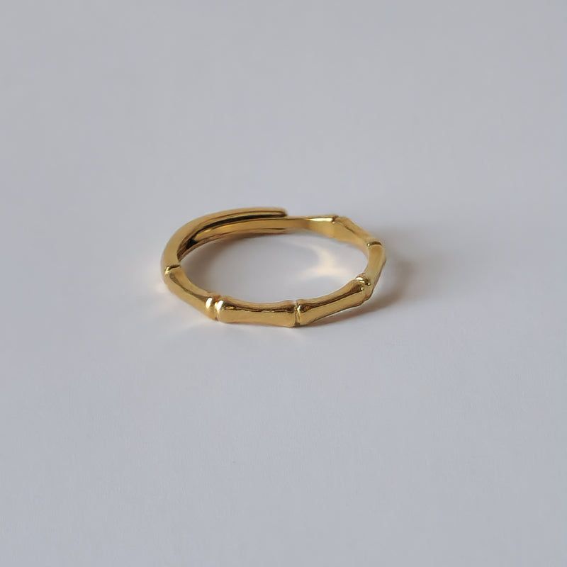 18K Gold Dainty Bamboo Ring for Women, Adjustable Minimalist Knotted Stackable