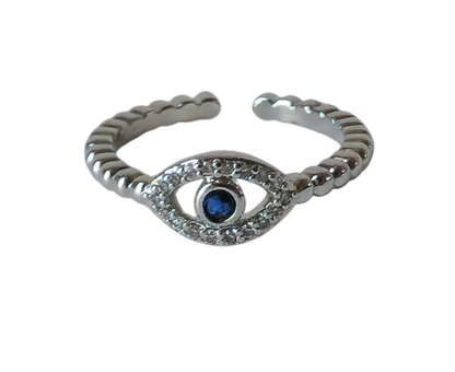 18K Gold Evil Eye Ring for Women, Adjustable Dainty Protection Band, Minimalist