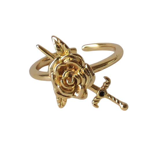 18K Gold Rose Sword Ring for Women, Adjustable Dainty Floral Blade Band Stacking