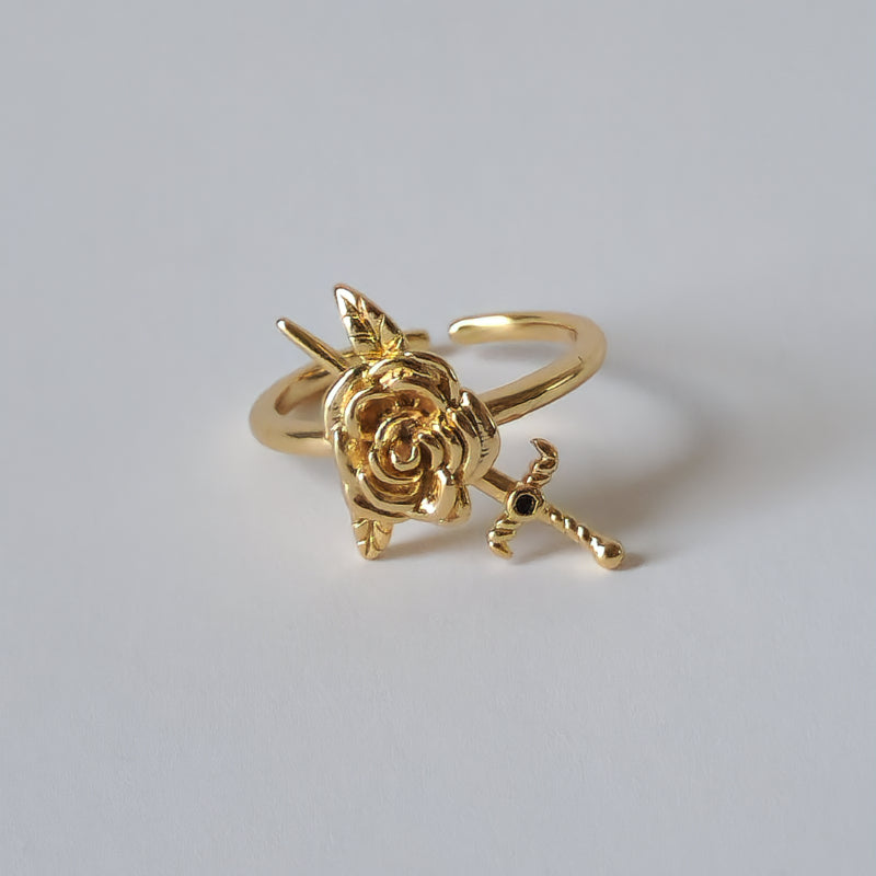 18K Gold Rose Sword Ring for Women, Adjustable Dainty Floral Blade Band Stacking