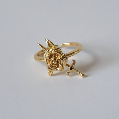 18K Gold Rose Sword Ring for Women, Adjustable Dainty Floral Blade Band Stacking