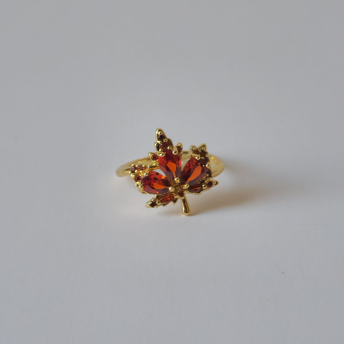 18K Gold Dainty Minimalist Maple Leaf Zircon Ring Adjustable Open Band Jewelry