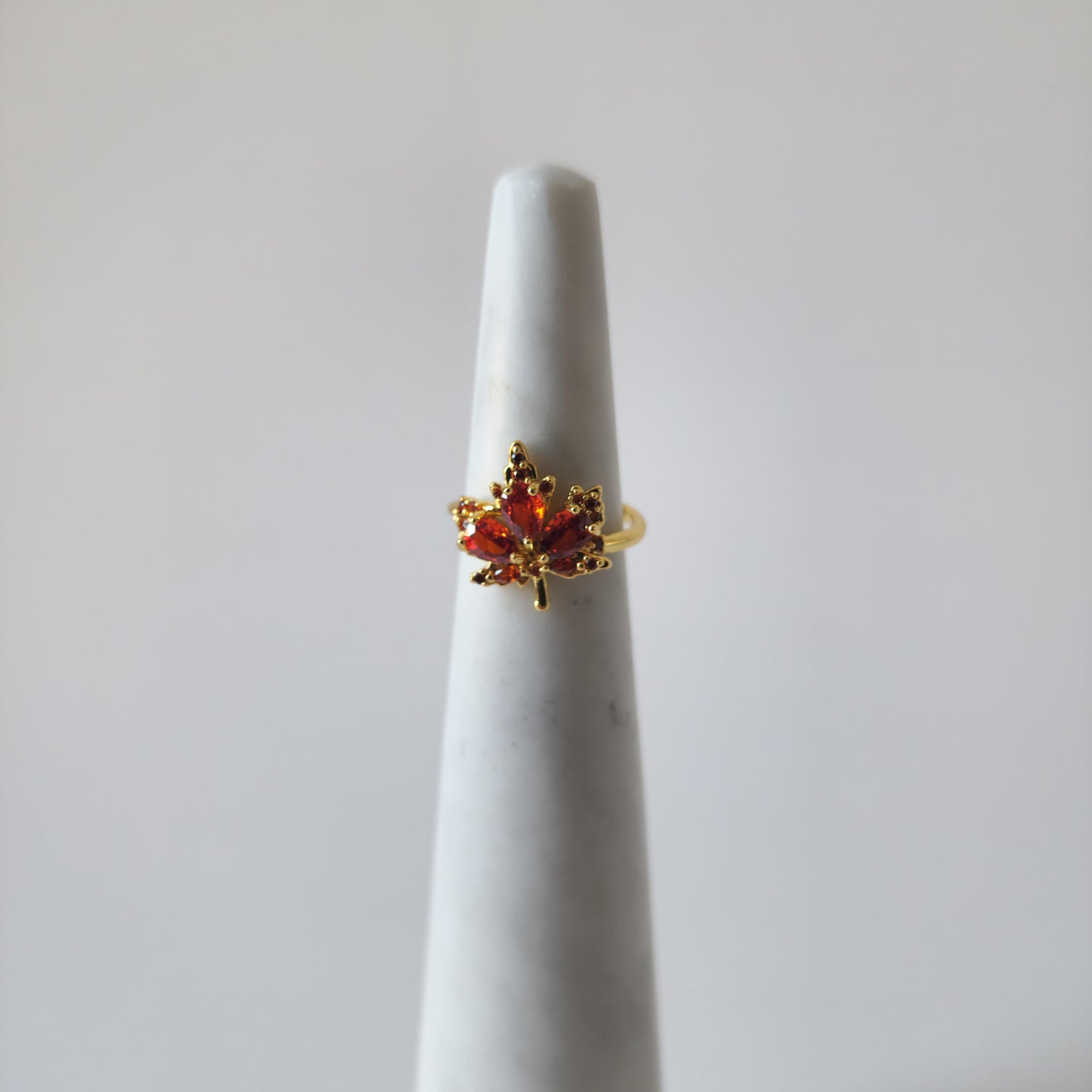 18K Gold Dainty Minimalist Maple Leaf Zircon Ring Adjustable Open Band Jewelry