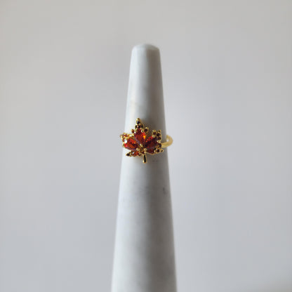 18K Gold Dainty Minimalist Maple Leaf Zircon Ring Adjustable Open Band Jewelry