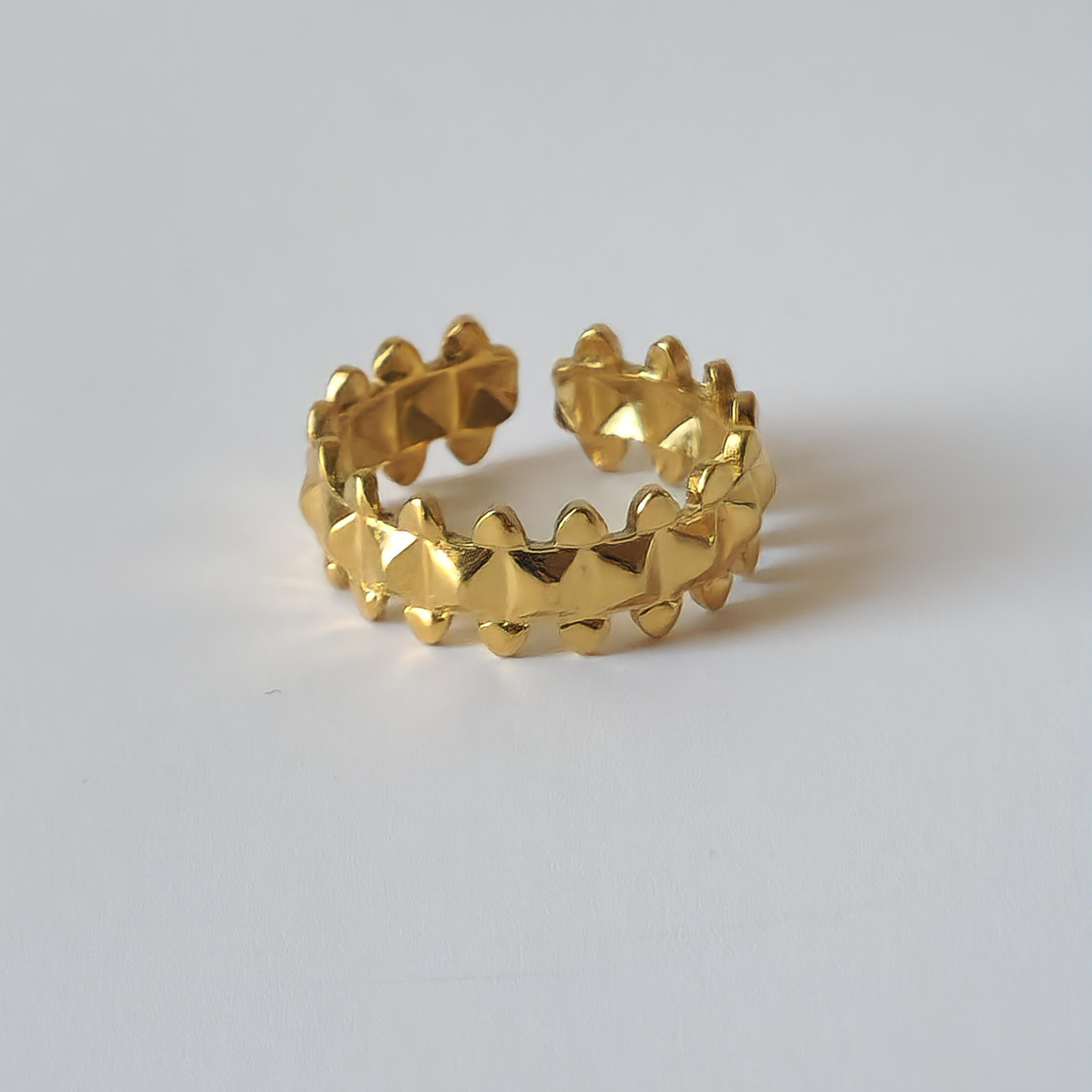 18K Gold Dainty Retro 90s Studded Spike Ring Adjustable Open Band Jewelry