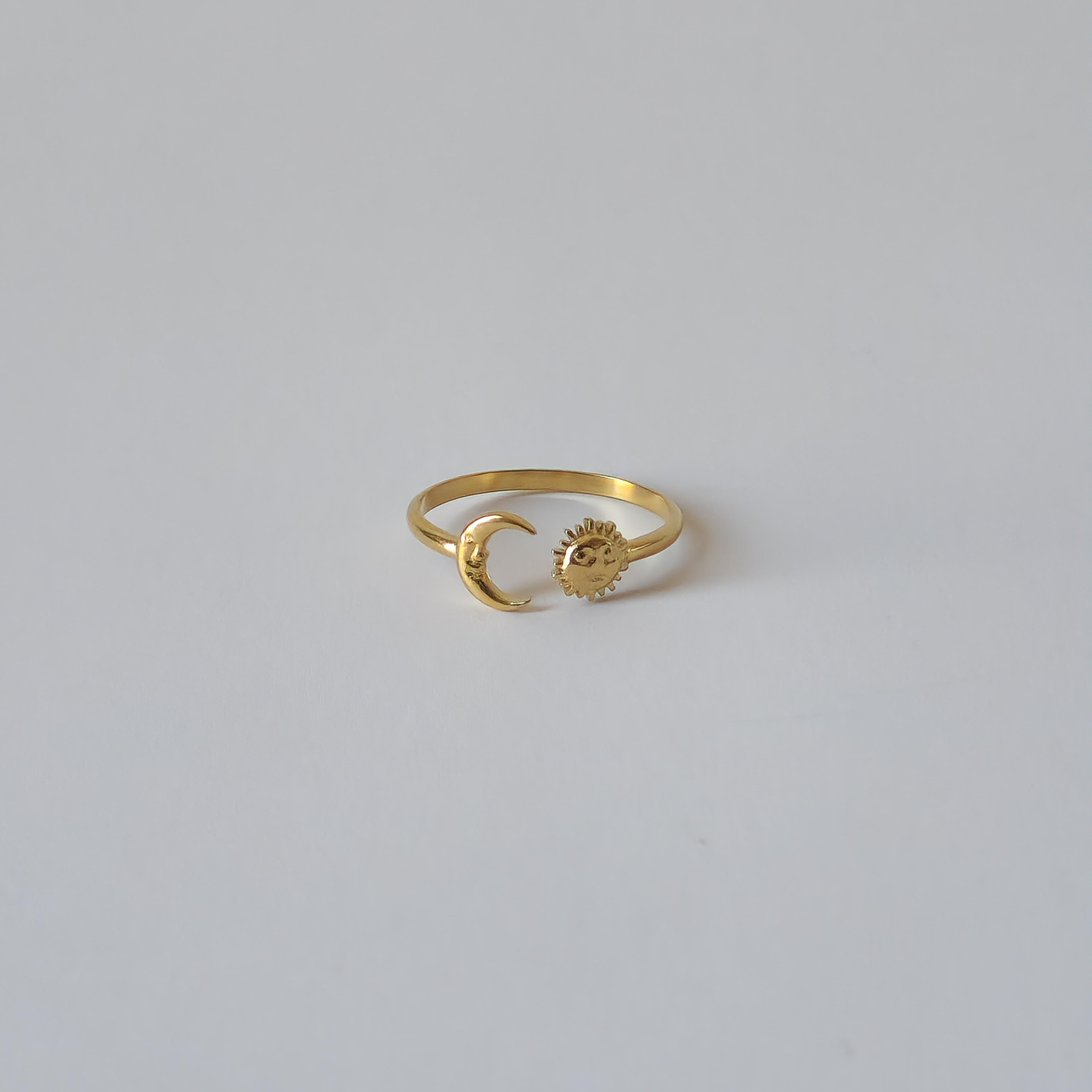 18K Gold Dainty Minimalist Sun Moon Ring Adjustable Open Band Jewelry