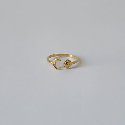 18K Gold Dainty Minimalist Sun Moon Ring Adjustable Open Band Jewelry