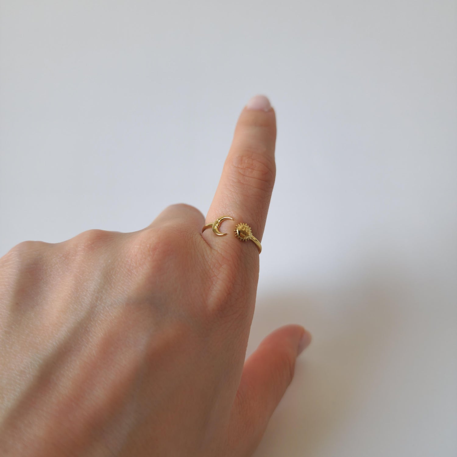 18K Gold Dainty Minimalist Sun Moon Ring Adjustable Open Band Jewelry