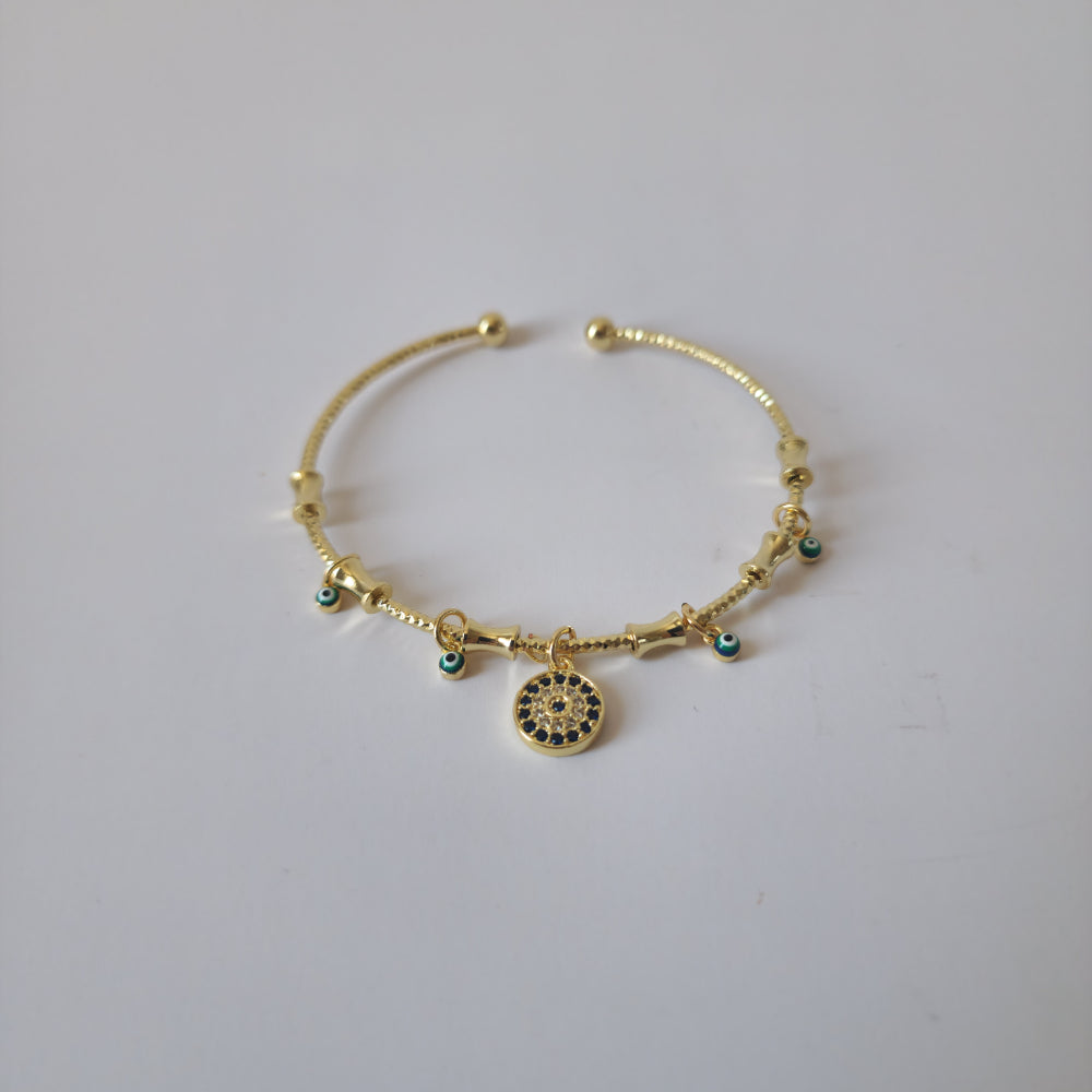 18K Gold Evil Eye Round Bangle Bracelet Protection Charm Womens Jewelry