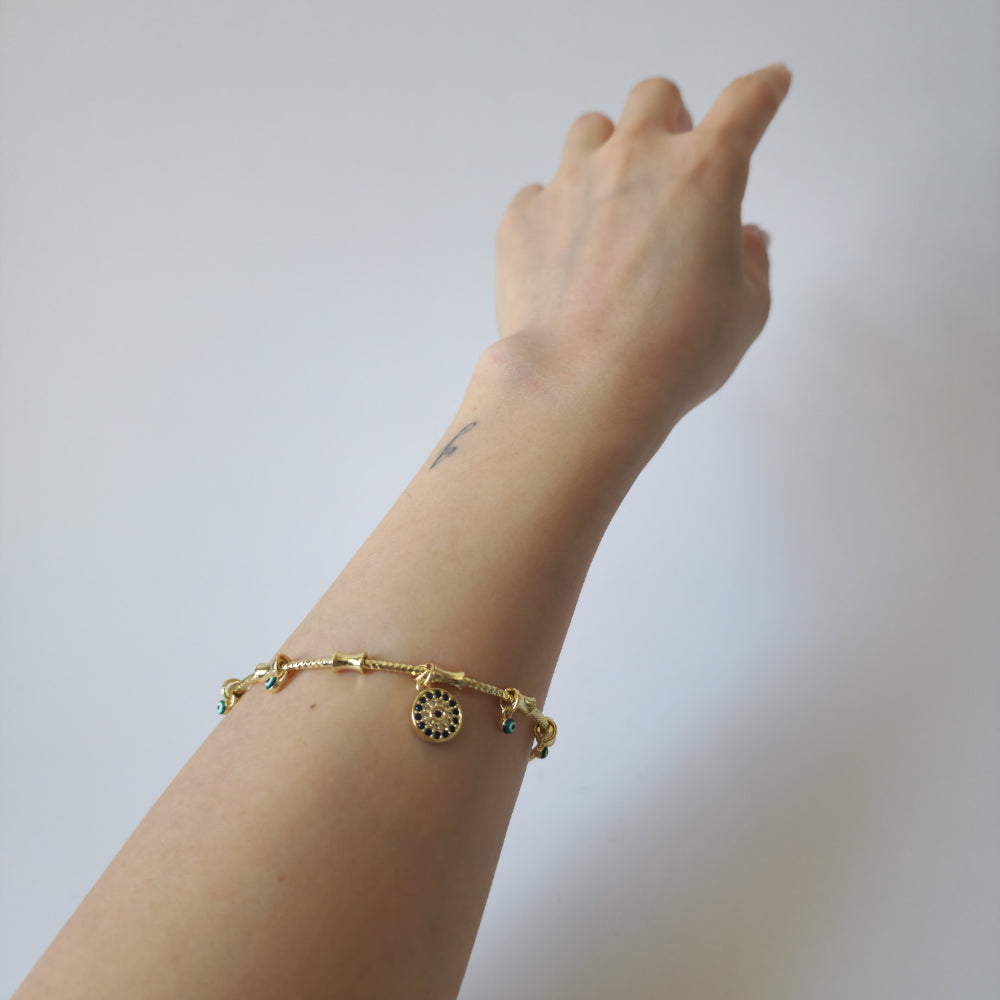 18K Gold Evil Eye Round Bangle Bracelet Protection Charm Womens Jewelry
