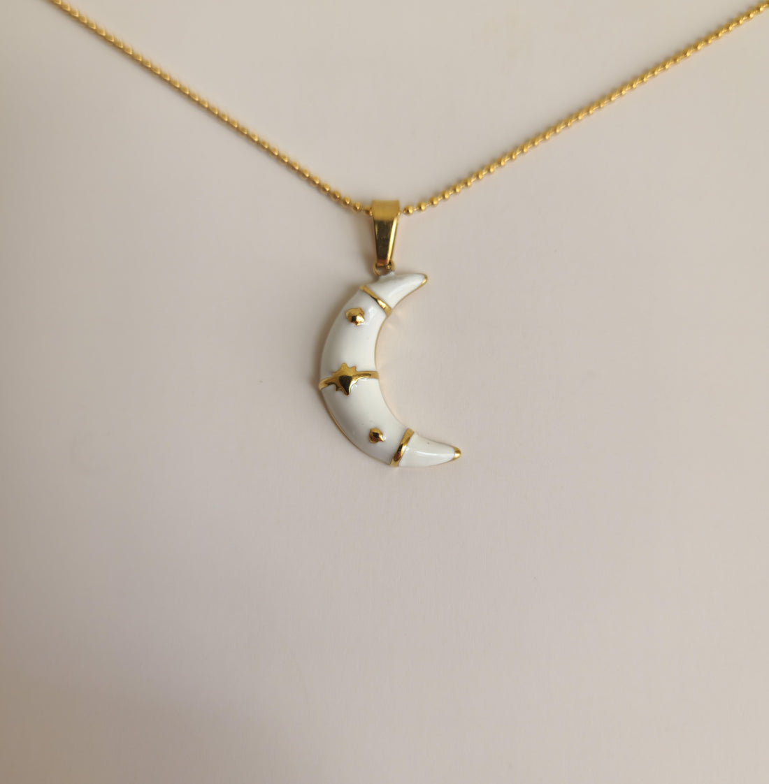 18K Gold Moon Enamel Necklace Dainty Minimalist Celestial Women&