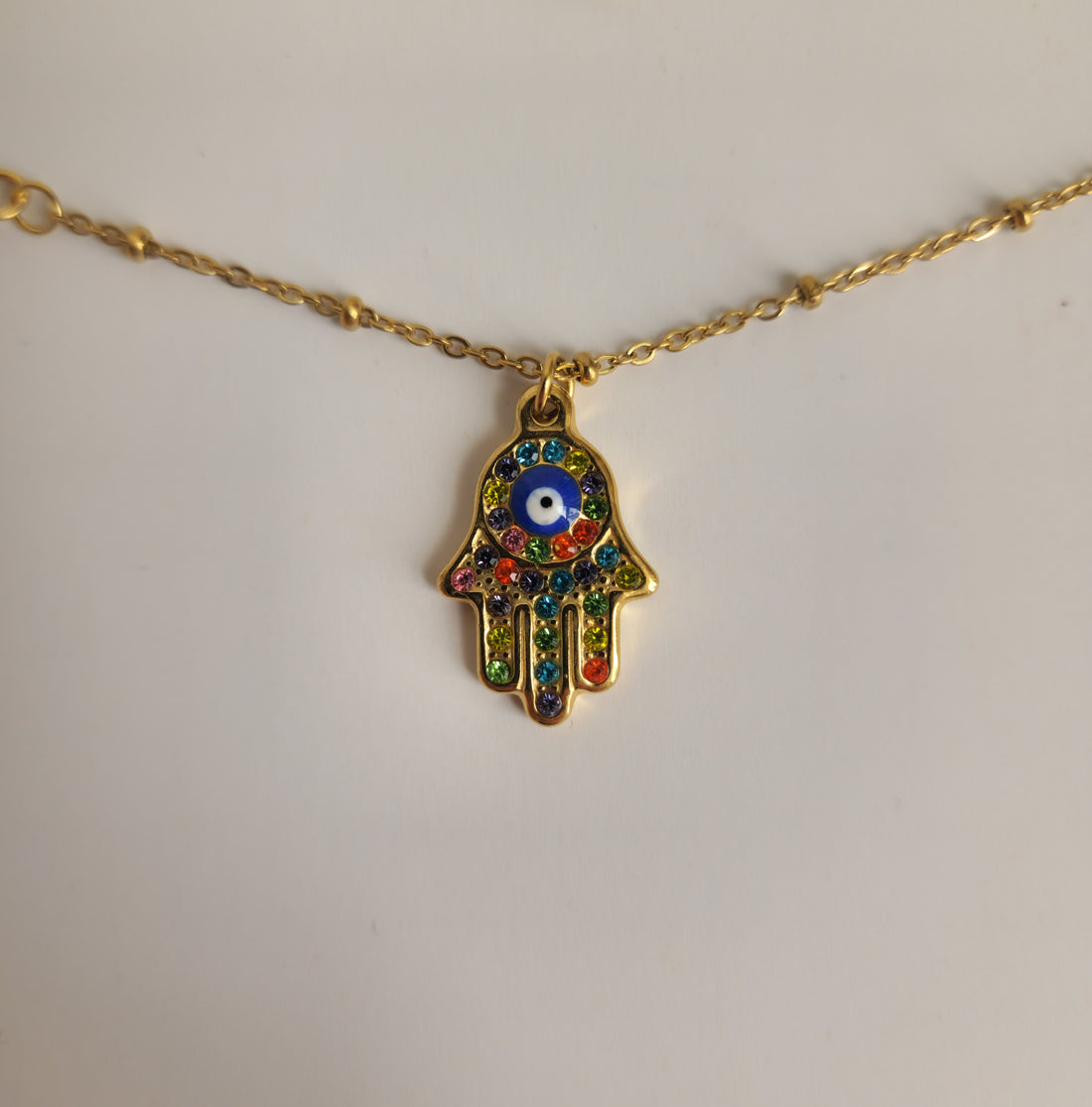 18K Gold Dainty Evil Eye Hamsa Hand Necklace Minimalist Protection Pendant Women