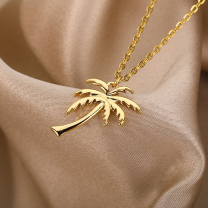 Palm Tree Boho Hippie Pendant, 18K Gold Tropical Necklace, Dainty Minimalist Accessories, Delicate Handmade Jewelry for Women, Gift for Her