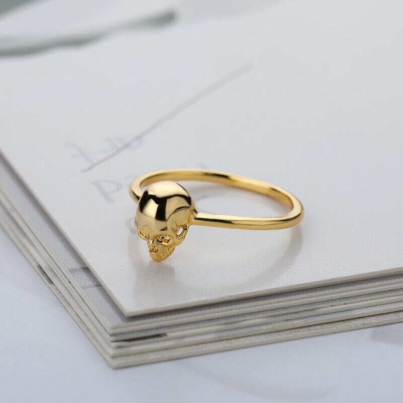 18K Gold Gothic Ring, Punk Skull Ring, Minimalist Skull Ring