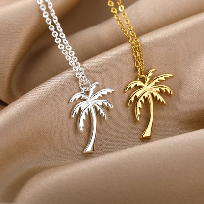 Palm Tree Boho Hippie Pendant, 18K Gold Tropical Necklace, Dainty Minimalist Accessories, Delicate Handmade Jewelry for Women, Gift for Her