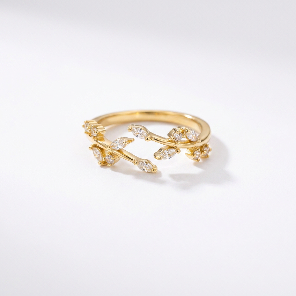 Crystal Leaf Gold Ring