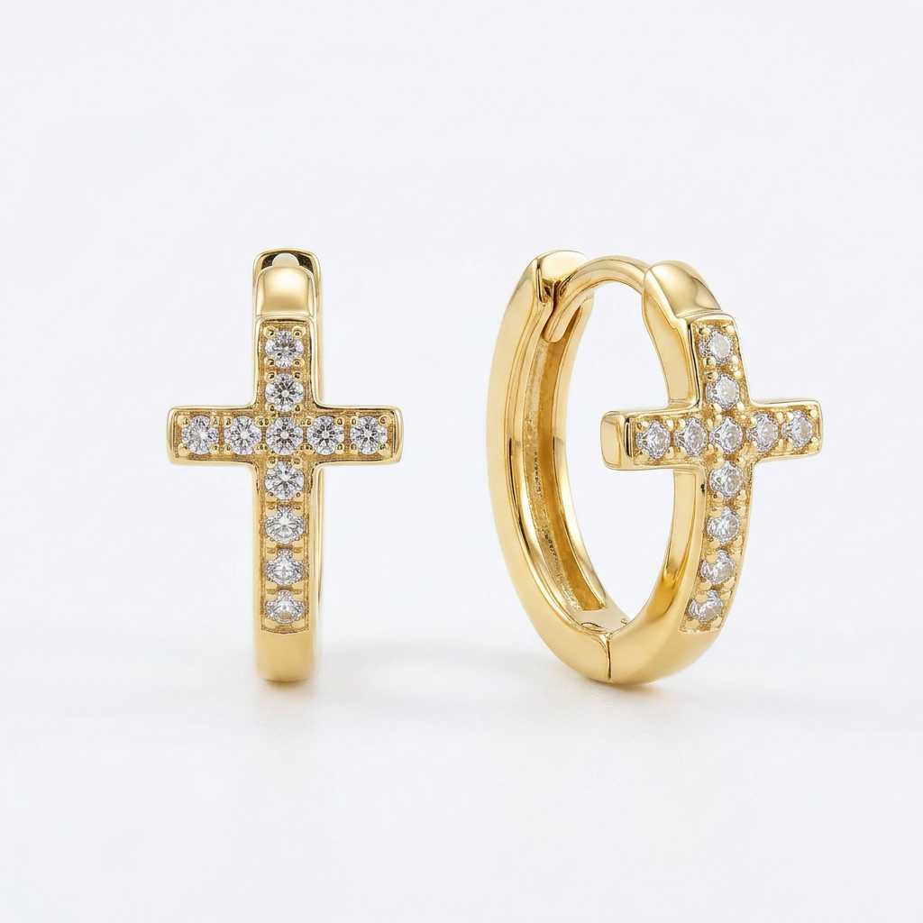 Pavé Cross Gold Hoops