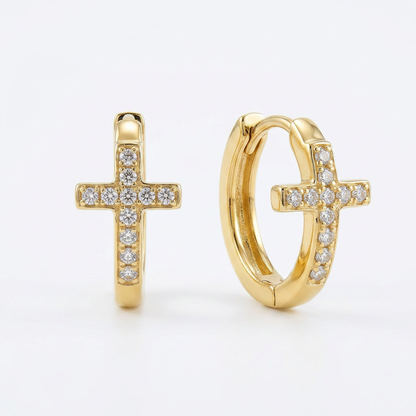 Pavé Cross Gold Hoops