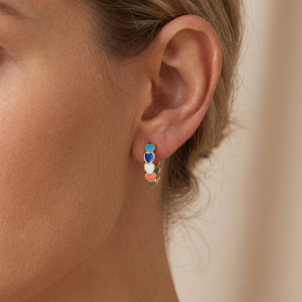 Enamel Heart Gold Hoops