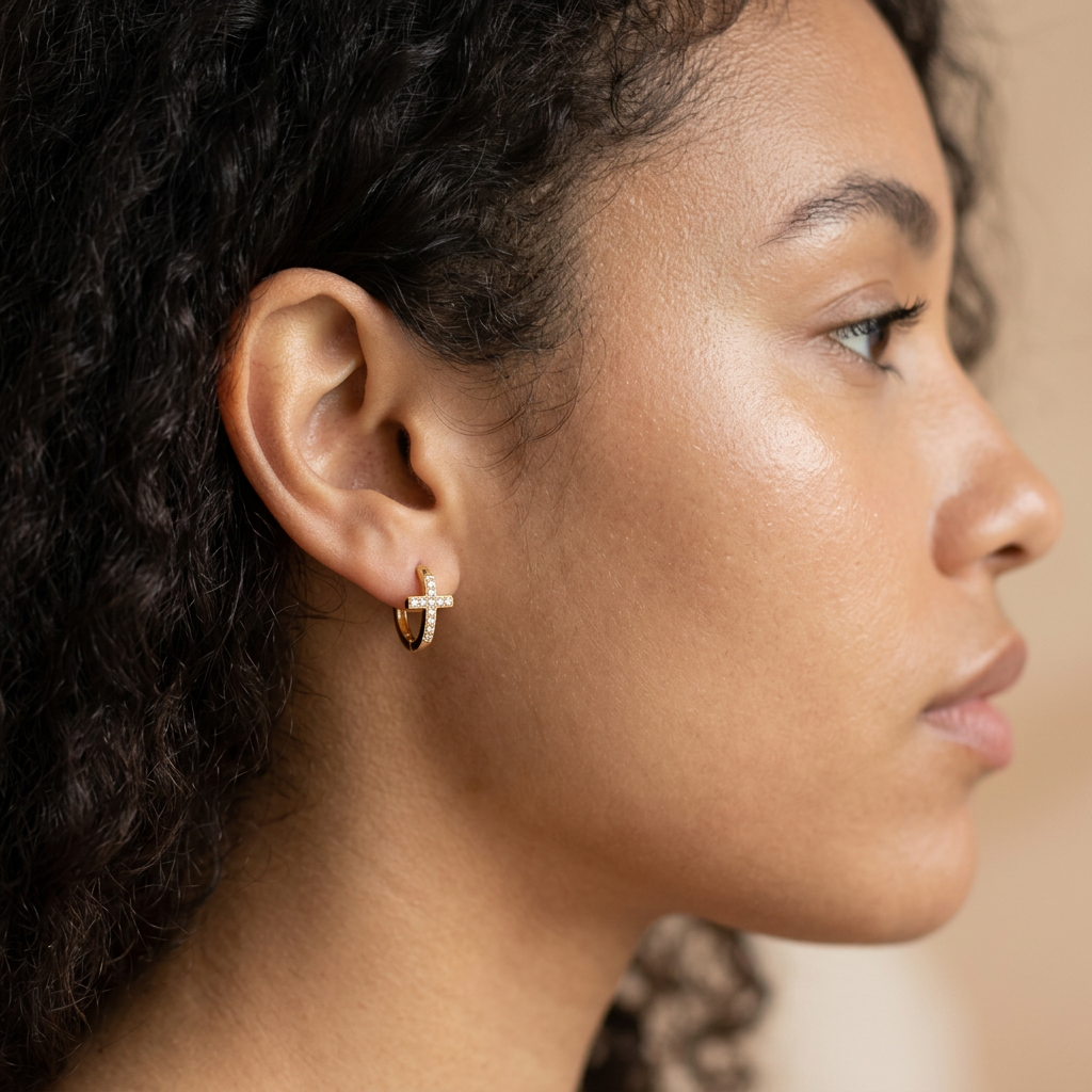 Pavé Cross Gold Hoops