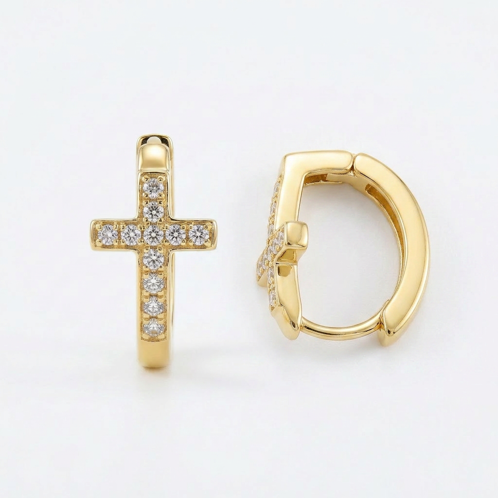 Pavé Cross Gold Hoops