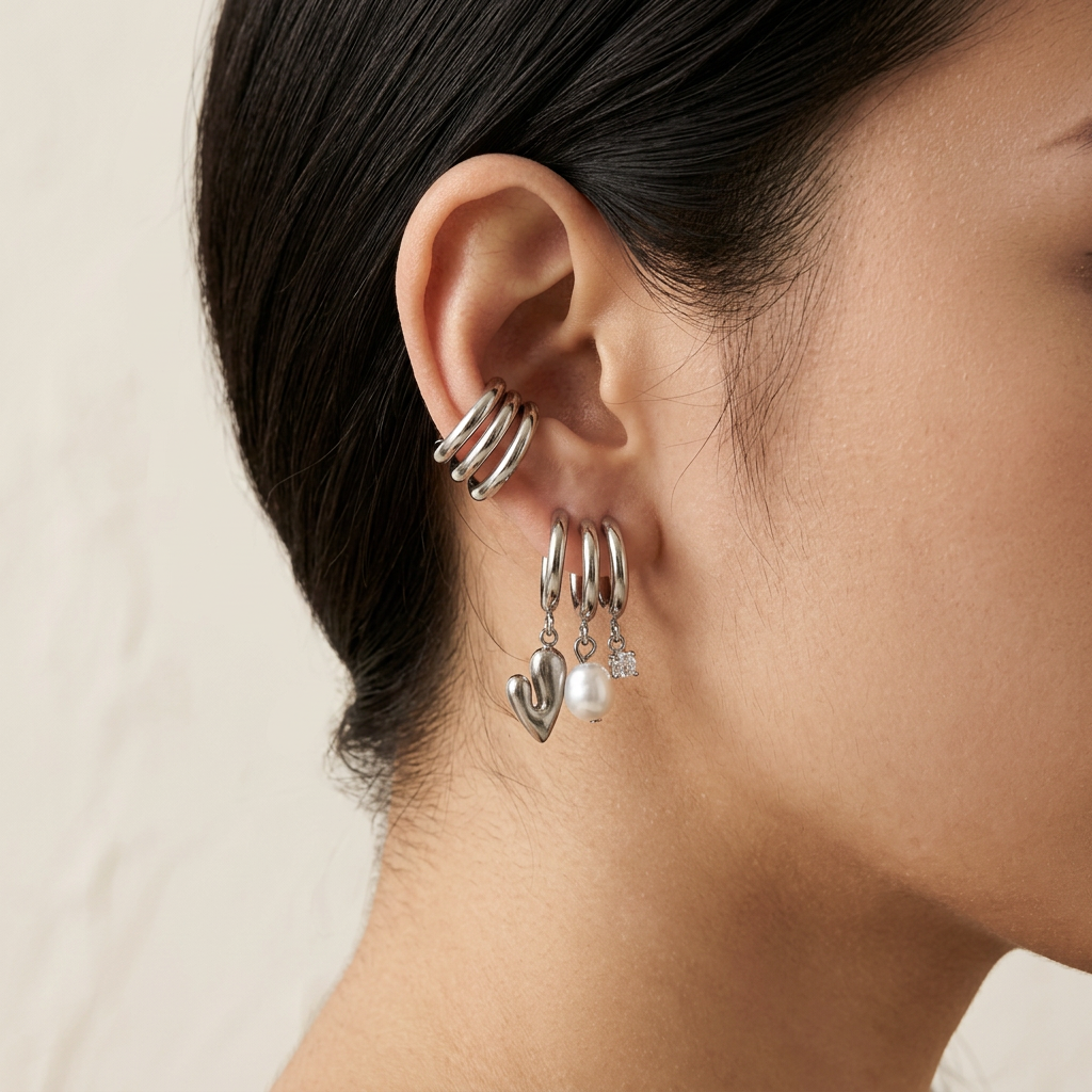 Triple Silver Dangle Hoops