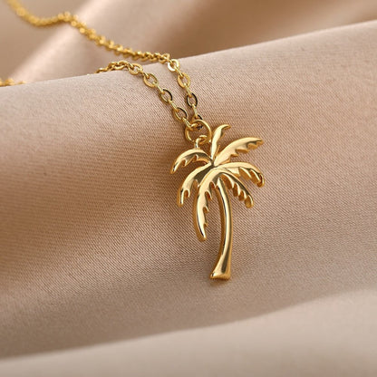 Palm Tree Boho Hippie Pendant, 18K Gold Tropical Necklace, Dainty Minimalist Accessories, Delicate Handmade Jewelry for Women, Gift for Her